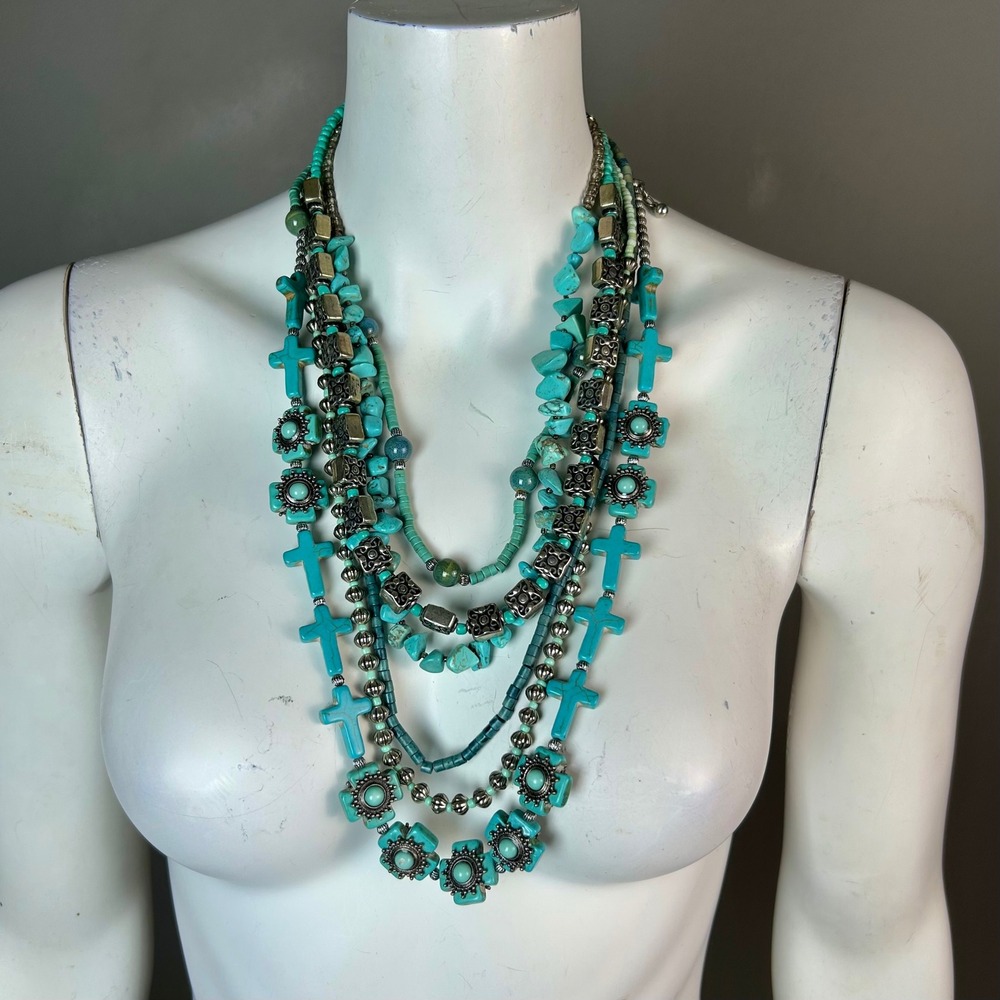 Turquoise Multi Strand Necklace Cross Treska Statement Silver Tone Southwestern